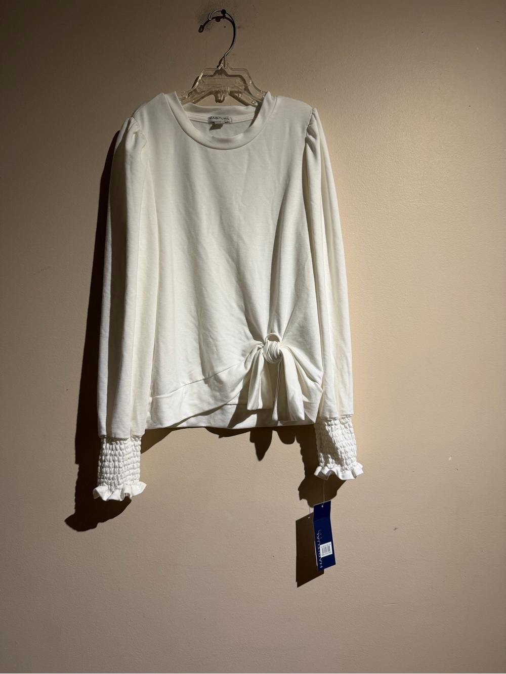 Habitual Cream Knot-Front Long Sleeve Top with Smocked Cuffs